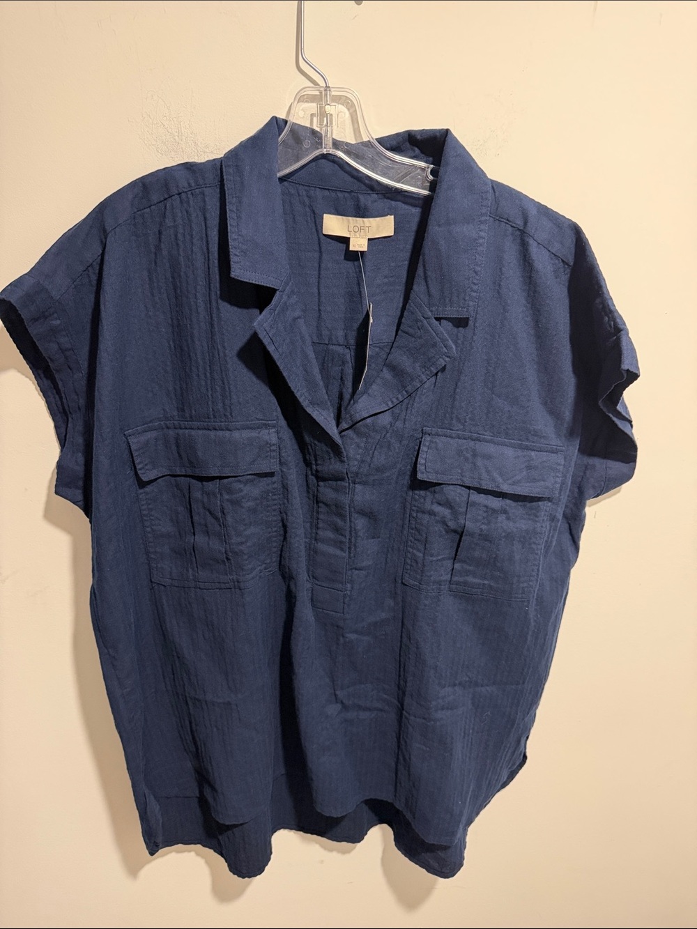 LOFT Navy 99% Cotton Short-Sleeve Button-Front Utility Shirt Size XL NWT